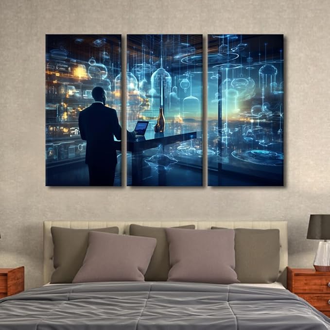 3 Panel Artificial Intelligence and Data Analytics Pictures Print on Canvas for Home Office Hotel Wall Decorations, Wooden Framed Gallery-Wrapped Ready to Hang, 60" Wx40 H