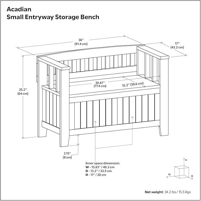 SIMPLIHOME Acadian Solid Wood 36 inch Wide Small Storage Bench and 36 inch Wide Storage Cabinet in Black for the Living Room, Entryway, and Family Room, Transitional Style