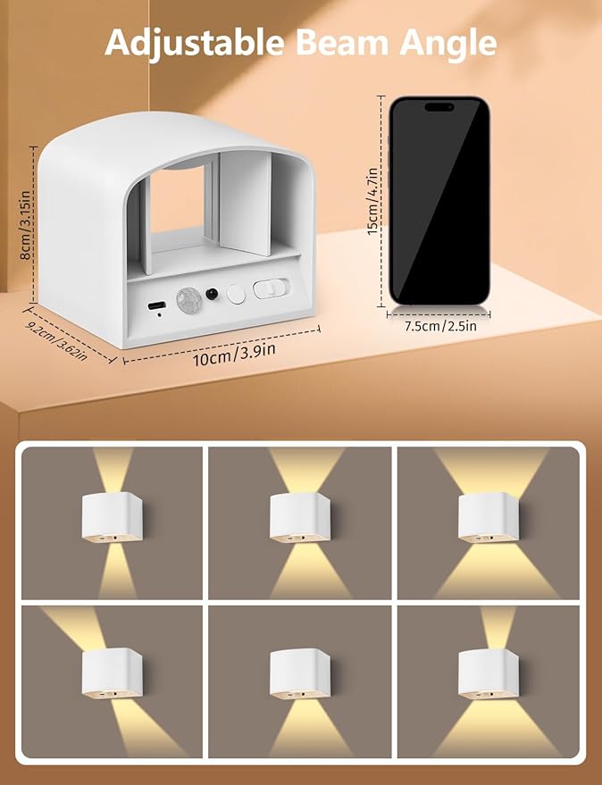 Motion Sensor Wall Light with Remote Control, 5000mAh Rechargeable Battery Powered Wall Lamps, Dimmable 2700-6500K, Adjustable Beam Angle, White Up and Down Wireless Wall Sconce for Indoor, 4-Pack
