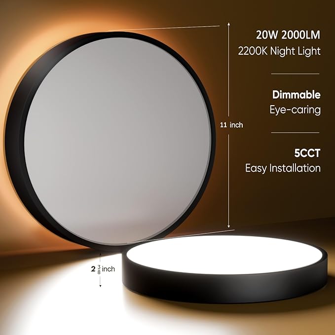 11 Inch Flush Mount Ceiling Light with Remote Control & Night Light, 5CCT Dimmable Ceiling Light Fixture, 20W 2000LM 2700K-6500K Adjustable LED Ceiling Lights for Bedroom Kitchen, Black