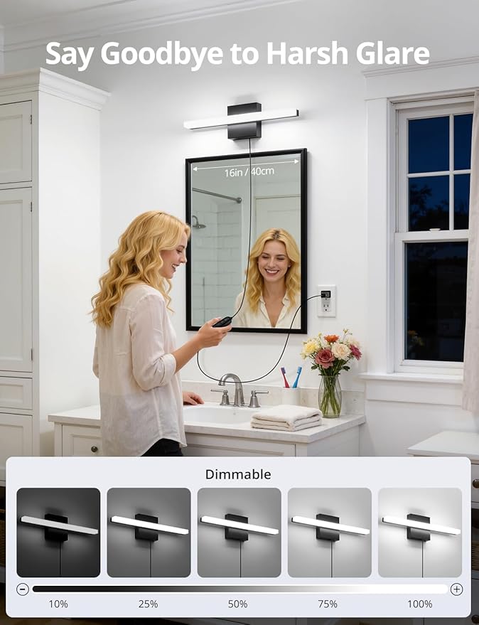 Combuh Black Plug in Vanity Light Bar Corded for Bathroom Lighting Fixture No Wiring, 16Inch 5 Colors Adjustable Dimmable Modern Bright Daylight Mirror Lamp for Wall Dressing Room Makeup(with Plug)