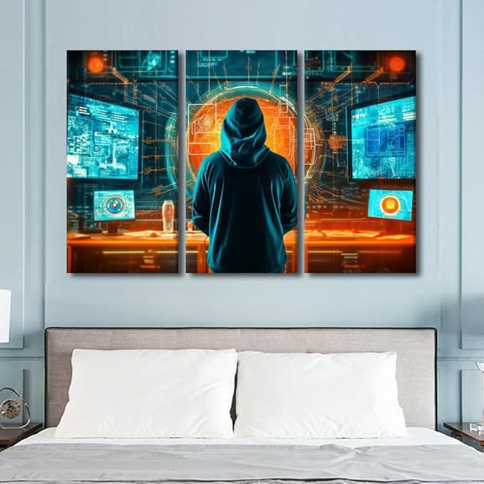 3 Panel Framed Wall Art, Concept of Cybersecurity, Phishing, Cybercrime Posters Picture Print on Canvas for Bedroom Living Room Dorm Wall Decorations, Ready to Hang, 60" Wx40 H