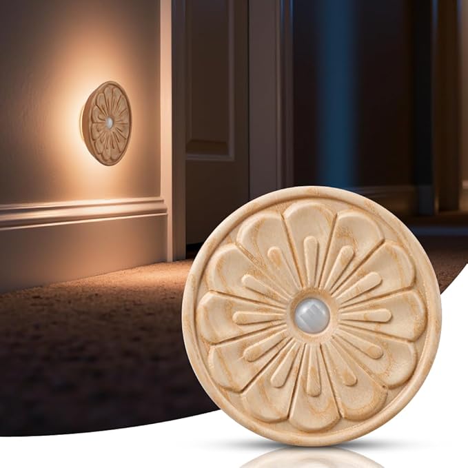 Flower Motion Sensor Night Light, Carved Wooden Flower Wall Lamp, Backlight LED Light, Rechargeable & Stick-On Magnetic Mount for Indoor Decor, Living Room, Bedroom, Stairs (Round Ash Wood *1Pack)