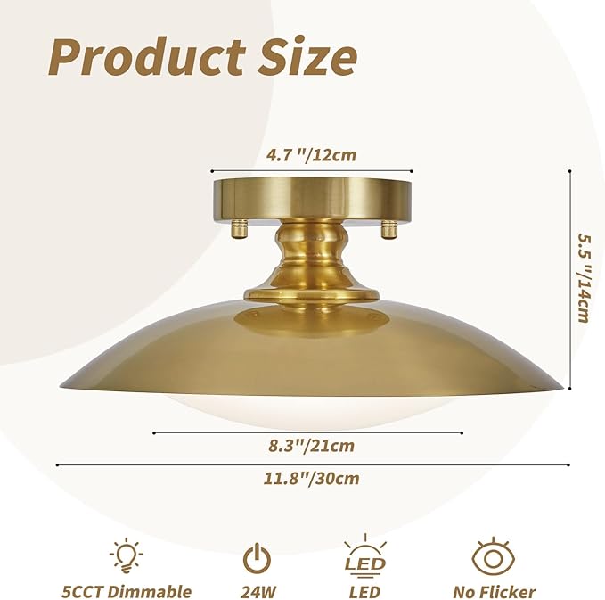 Dimmable Brass Ceiling Light Flush Mount Modern LED Lighting Fixture, 5CCT 3000 K- 6000 K Ceiling Lamp for Bedroom Hallway Living Room Kitchen