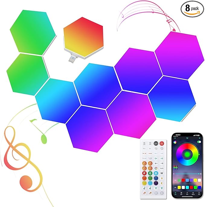Smart Hexagon Light 8 Pack - APP+Remote Control, Music Sync RGB Wall Panels for Gaming Room, Bedroom Beige