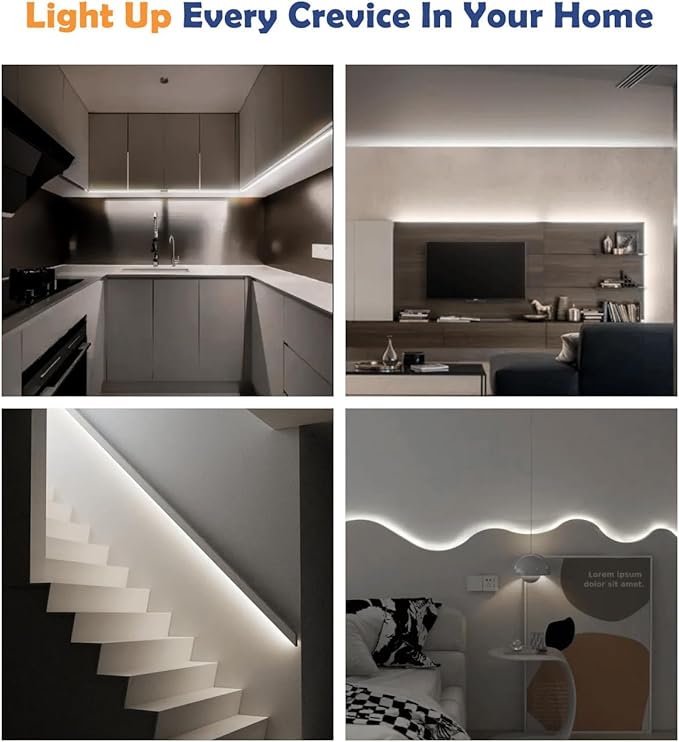 50ft Daylight White 6500K, COB LED Strip Light Kit, Linear Lighting Brightness Dimmble Strip Light ETL Listed with Remote for Bedroom Wall Cabinet Mirror Stair (AC/DC Adapter Included)