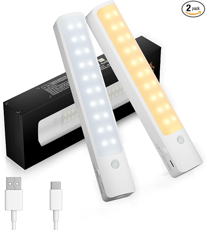 Under Cabinet Lighting, 2 Pack Motion Sensor Light Indoor, 3 Color Temperatures, Rechargeable Closet Light with Charging Cable, Suitable for Kitchens, Staircases, Corners