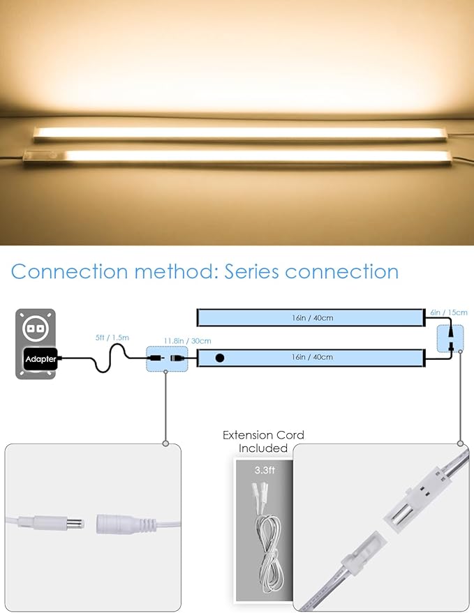 Under Cabinet Motion Sensor Lighting Indoor Plug in, 16" 12V LED Under Counter Lights Super Bright Ultra Thin Magnetic for Kitchen/Hallway/Toilet/Garage/Closet(Warm White/3000K, 2 Pack)
