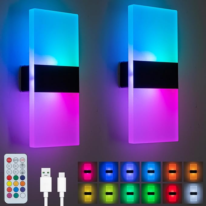 LED Wall Lights for Room Decor, Battery Operated Wall Sconce Set of 2, Remote Control, Dimmable, Rechargeable, Cordless Wall Lamps for Bedroom