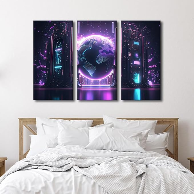 Cyber Space Wall Art 3 Panel Neon Colorful Global World in Cyber Space Pictures Posters for Living Room Decorations, Concept Artwork Wooden Framed Gallery-Wrapped Ready to Hang, 42" Wx28 H