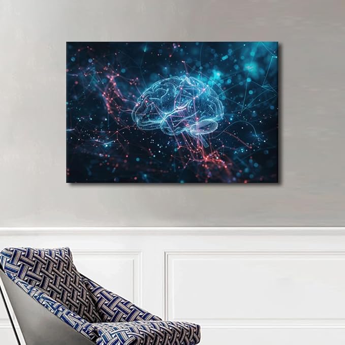 Wall Decor Modern Technology Paintings Canvas Wall Art Framed Human Brain Poster for Boys Bedroom Artificial Intelligence Painting Wall Decor Art Work for Home Decor Living Room 24" Wx36 Hx1 Panel