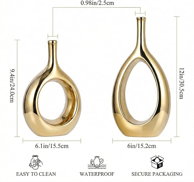Glossy Gold Vase Ceramic Gold Vases Home Decor,Modern Minimalist Circle with Hole Decorative Vase, Hollow Ellipse Flower vases for Bookshelf, Fireplace Mantle, Centerpieces,Farmhouse,Rustic Décor