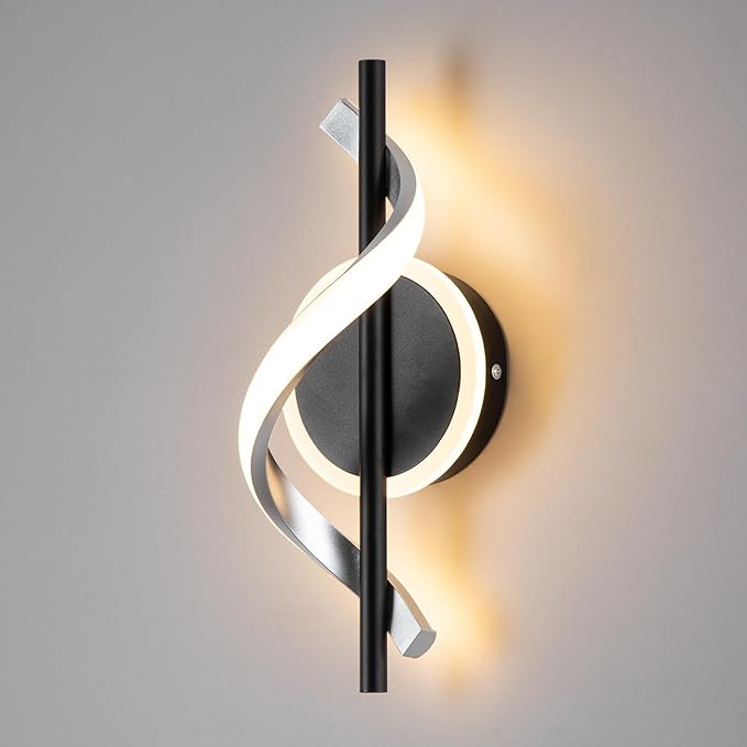 LED Wall Sconces Indoor, 12W LED Wall Mount Lights, Modern Spiral Wall Lamp, 3000K Warm White LED Light Fixture for Stairs Living Room Bedroom Aisle Hallway (Warm White, Black)