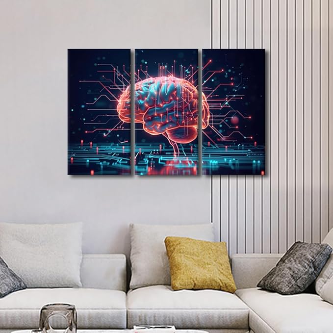 Framed Wall Art Artificial Intelligence Brain Cloud Networking Pictures Print for Living Room Decoration 3 Panel Modern Wall Art AI Concepts Artwork Ready to Hang, 36" Wx24 H