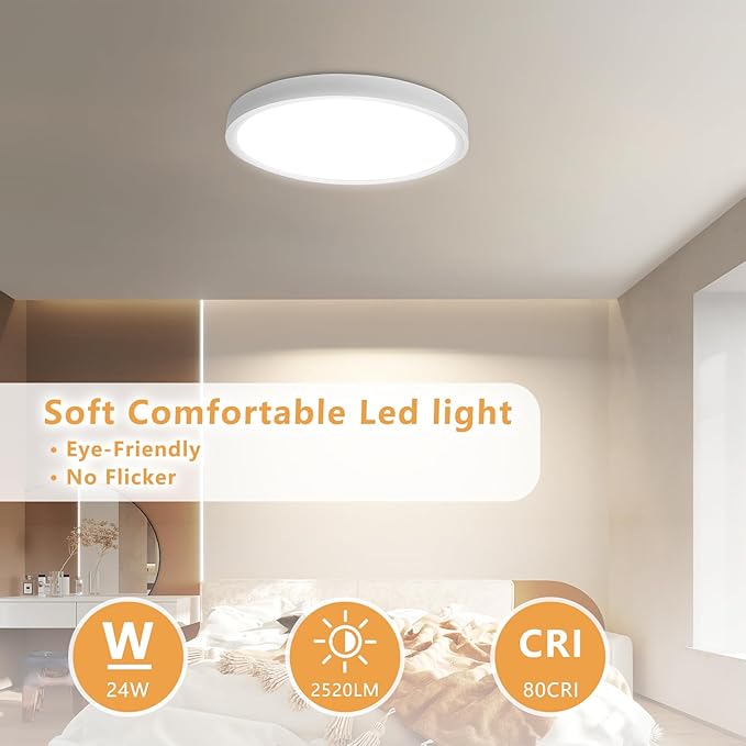 4PK 12 Inch LED Flush Mount Ceiling Light, 24W, 2520LM, 3000K/4000K/6000K CCT Selectable Super Slim LED Ceiling Light, Close to Ceiling Round Flat Panel Light for Hallway, Bedroom,Kitchen ect