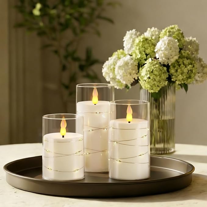 Homemory Flameless Candles with Embedded Star String Fairy Lights, Battery Operated Candles, LED Candle, Fake Candles with Remote Control and Timer, White, Set of 3(H 4" 5" 6”)
