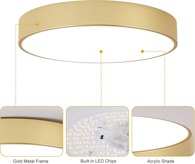 18.1 inch Large Flush Mount Dimmable LED Ceiling Light, 5CCT Modern Round Close to Ceiling Lighting Fixtures, Minimalist Gold Ceiling Lamp for Bedroom, Living Room