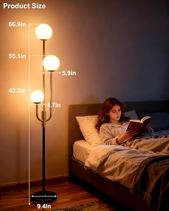 Lightdot 66IN Globe Floor Lamp 3-Lights Vintage Floor Lamps with 3000K Warm White Bulbs Included for Wedding Party Modern Tall Standing Lamp for Living Room/Bedroom-Gold & Black