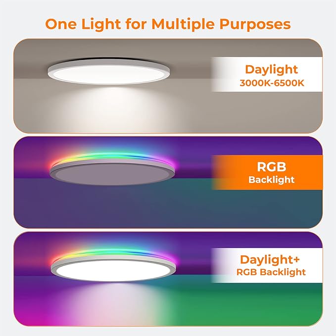 RGB LED Flush Mount Ceiling Light with Remote, 12 Inch Color Changing Light Fixture Dimmable 3000K-6500K, 24W Thin Round Ceiling Light for Bedroom Kids Room Living Room