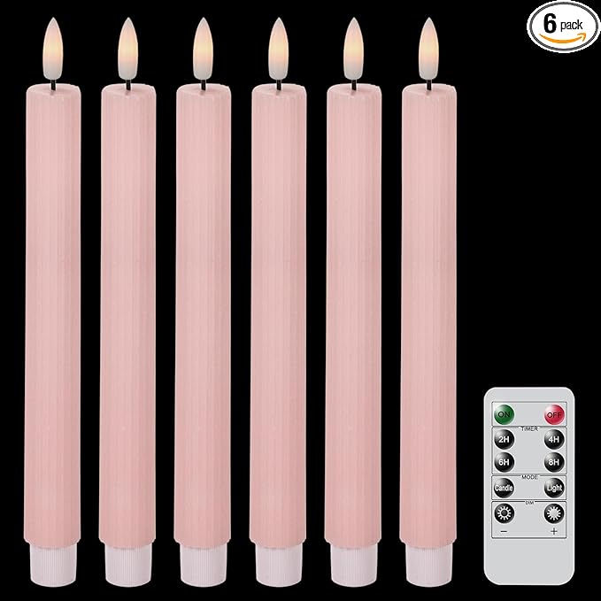 Wondise Pink Flameless Flickering Taper Candles with 10-Key Remote and Timer, Battery Operated 3D Wick Real Wax LED Taper Candles 6 Packs for Spring Dinner Holiday Decor(0.78 x 9.45 Inch)