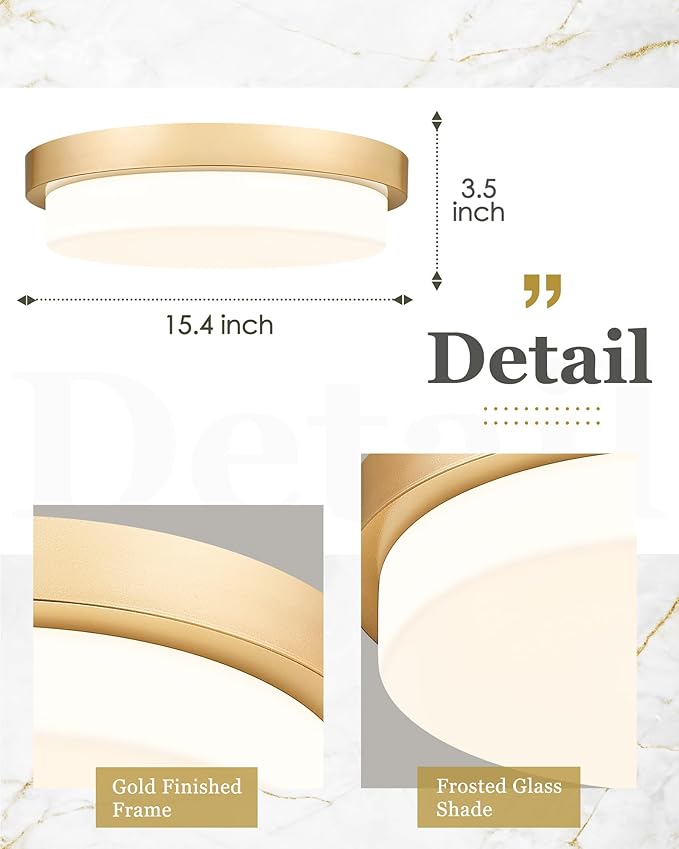 Gold Flush Mount Ceiling Light, 16inch Close to Ceiling Light Fixtures 36W 3300lm Dimmable 3000K/3500K/4000K/5000K/6000K Brass LED Ceiling Lamp for Bedroom Hallway Kitchen, AD-22008-L16-GD