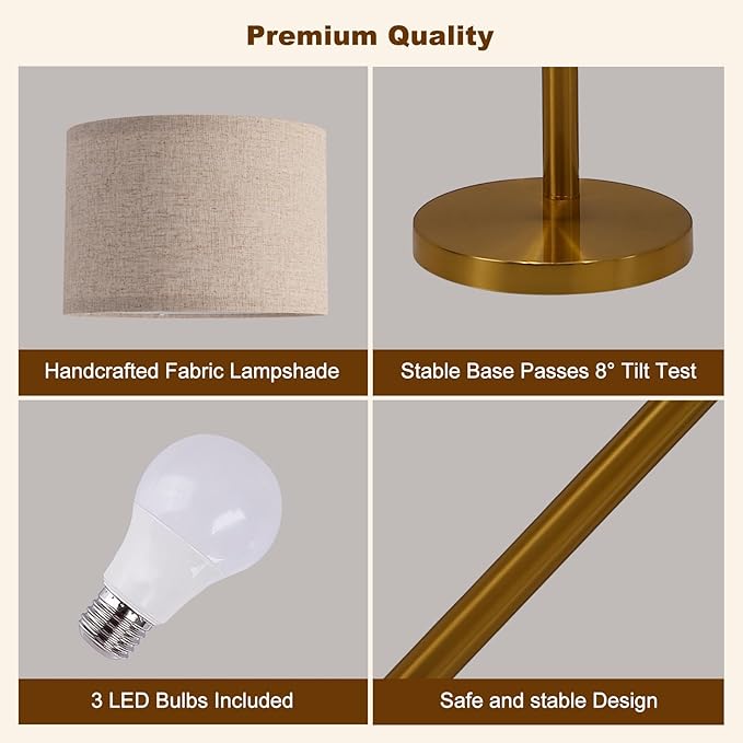 Gold Floor Lamps for Living Room, Super Bright Arc Floor Lamp with Remote Control, 3 Light Tall Floor Lamps with Stepless Dimmable, 80" Mid Century Tree Floor Lamp for Bedroom, Office