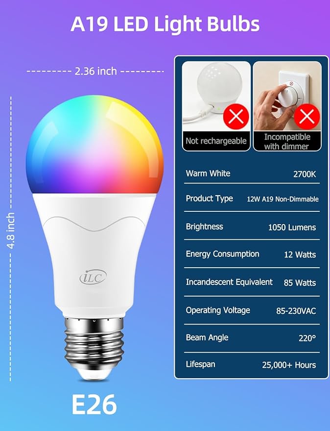 ILC LED Light Bulb 85W Equivalent, Color Changing Light Bulbs 2700K Warm White, Remote Control RGB 6 Modes, Timing, Sync, Dimmable E26 Screw Base (2 Pack)