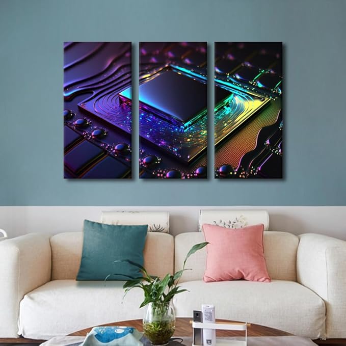 3 Panel AI Canvas Wall Art Vibrant Colorful Computer Chip on Circuit Board Picture for Bedroom Living Room Modern Artwork Wooden Framed Gallery-Wrapped Ready to Hang, 36" Wx24 H