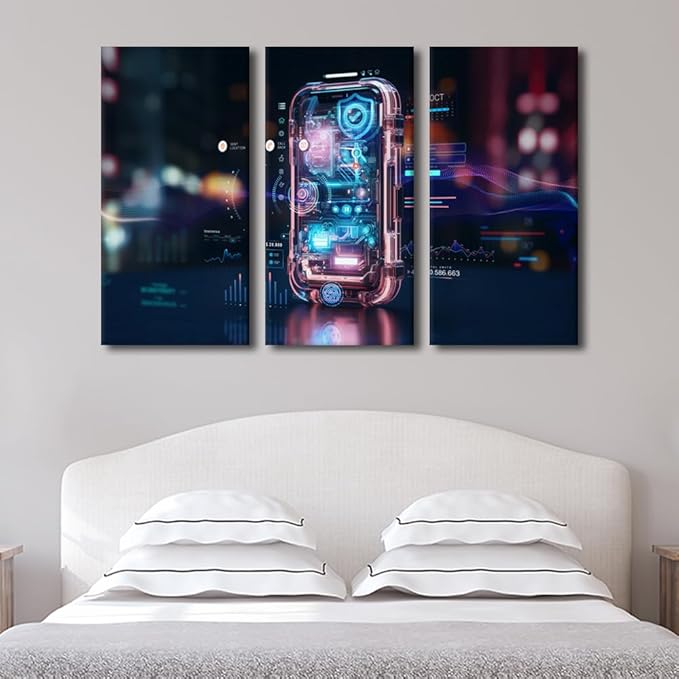 TUMOVO 3 Panel Canvas Wall Art Modern Art Smartphone Digital Identity and Cybersecurity of Personal Banking or Investment Safety Online Concept Picture Poster for Living Room Decorations, 60" Wx40 H