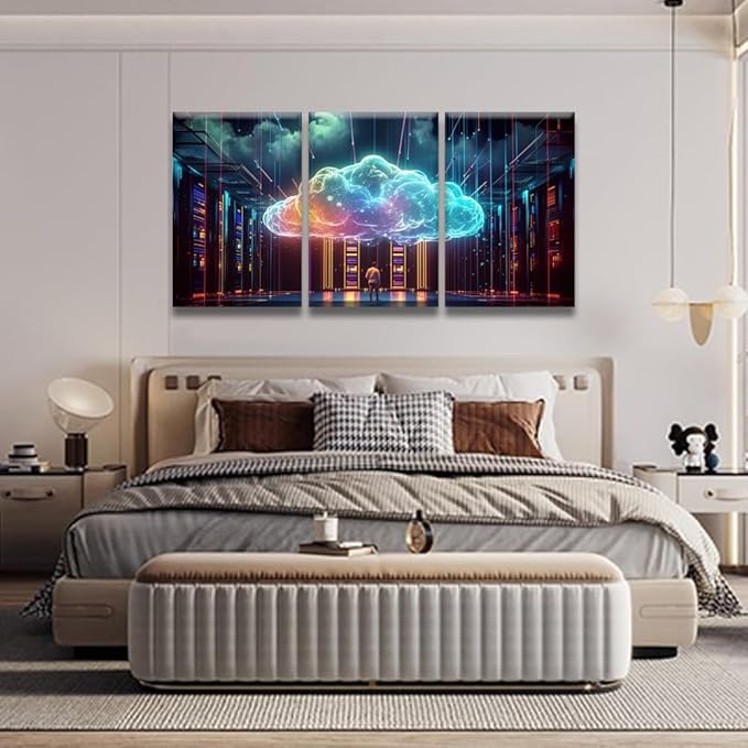 Modern Wall Art 3 Panel Cyber Security, Cloud Managed, Circuit Board Pictures Print On Canvas for Living Room Bedroom Decoration, Framed Gallery-Wrapped Ready to Hang, 16x24inchx3