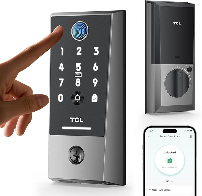 TCL Wi-Fi Smart Lock D2 Plus, Fingerprint Door Lock, Keyless Entry Security Electronic Deadbolt for Front Door, Built-in Doorbell, Compatible with Alexa, Auto Lock, Easy Install