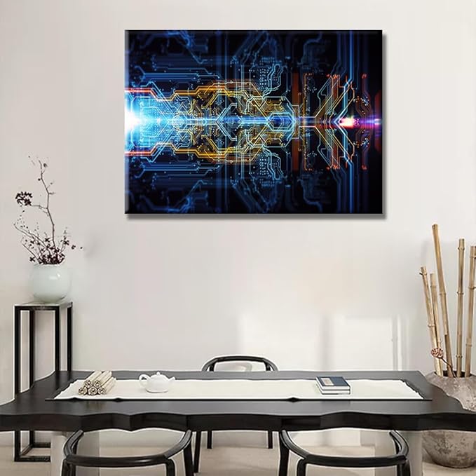 1 Panel Wall Decorations CPU Concept Wall Pictures for Living Room Computer Chip Canvas Wall Art Abstract Technological Background Picture Prints on Canvas Wall Art Framed Ready to Hang 20X28 INCH