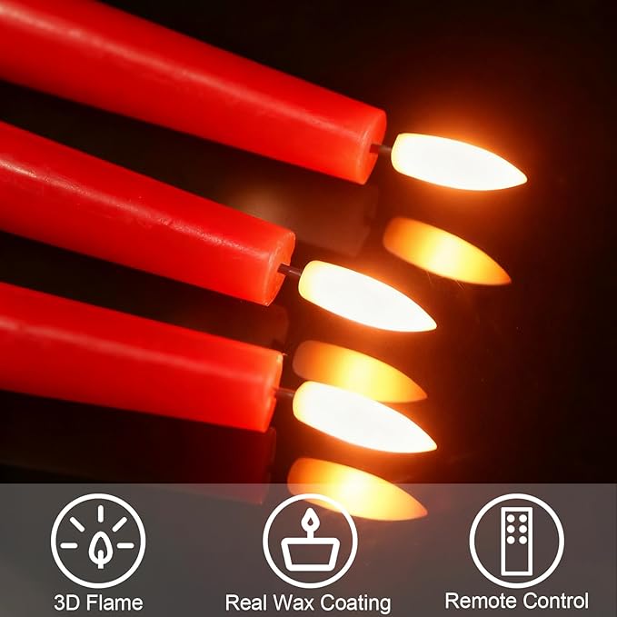 GenSwin Flameless Taper Candles, Set of 3 Red LED Taper Candles Battery Operated with Remote Timer, Real Wax Flameless Candlesticks with 3D Flame for Home Wedding Party Holiday Decor (0.78” x 9.65”)