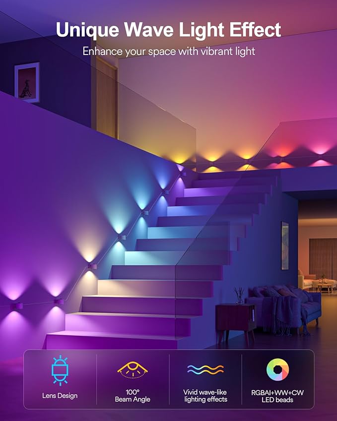 Lumary RGBAICW Smart Wall Sconces, Indoor WiFi Wall Lights for Room Decor, 9.2ft with 7 LEDs Color Changing DIY Light Fixture for Bedroom, Living Room, Party, Compatible with Alexa/Google Assistant