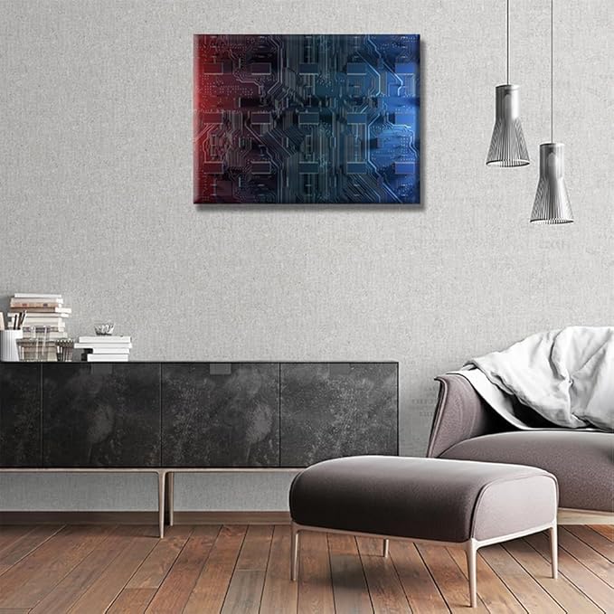 LSIUHWUWI Canvas Wall Art Abstract Computer Motherboard Wall Art for Living Room Home Decor Computer Chip Poster Electronic PC Living Room Wall Decoration Framed Ready to Hang 12x16 INCH