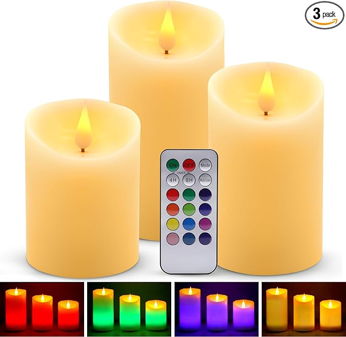 Flameless LED Candles Light, ALED Light 3 Pack Warm White Plus Multicolor Real Wax Battery Operated Electric LED Battery Candles with Timer FLameless Pillar Candles for Decoration