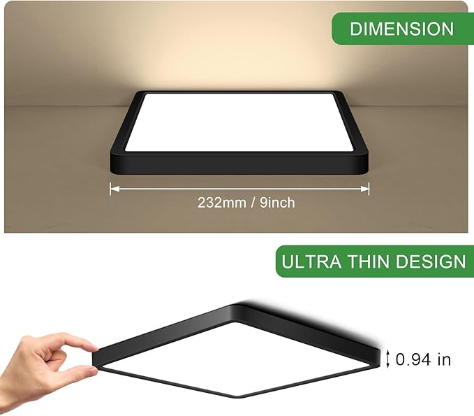 9Inch 18W Square LED Ceiling Light Fixtures Flush Mount, 3000K Warm White LED Ceiling Lamp, Surface Mount Modern Ceiling Lights, Slim Flat Panel Lighting for Bedroom, Kitchen, Bathroom Etc.Black
