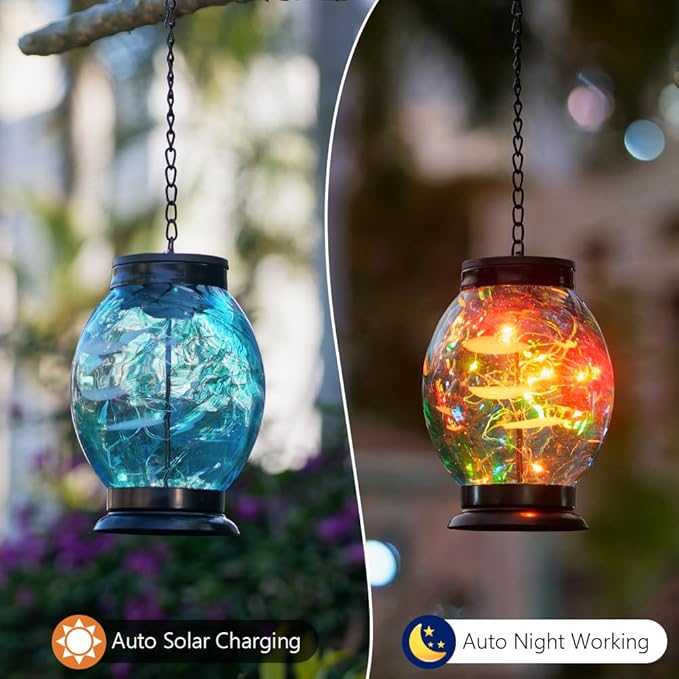 Solar Hanging Lanterns Outdoor, Waterproof Solar Glass Lights, Color Changing Led Lamp Light for Garden Yard Tree Home Xmas Decor, Blue