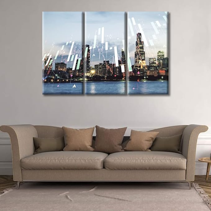 TUMOVO 3 Piece Chicago Skyline Background Forex and Investment Concept Pictures Wall Decor for Bedroom Business and Financial Concept House Decor Stretched and Framed Ready to Hang (42" Wx28 H)