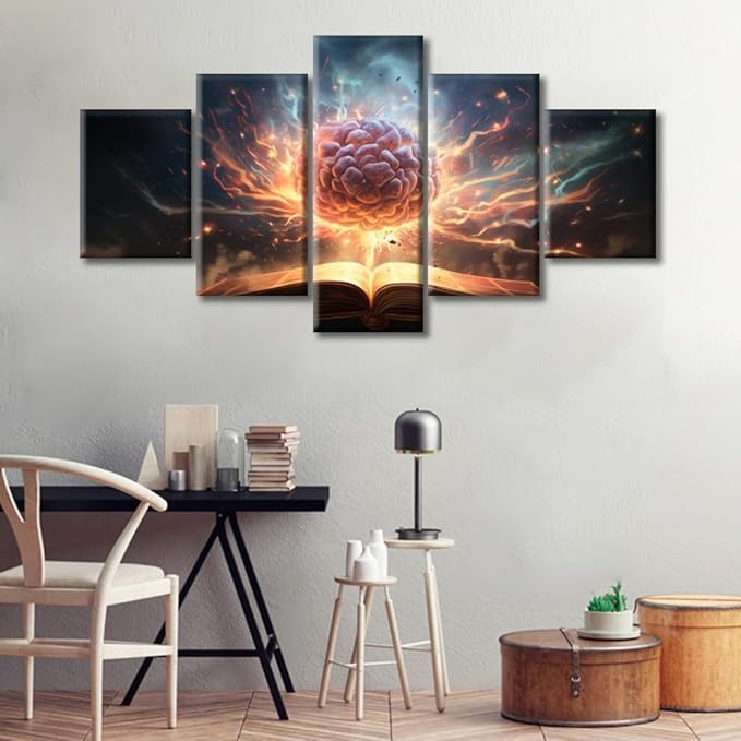 Brain Nervous System Canvas Wall Art for Bedroom Brain in Book Wall Art for Living Room Artificial Intelligence Concept Wall Art Home Decor Giclee Framed Ready to Hang (60"Wx32"H)