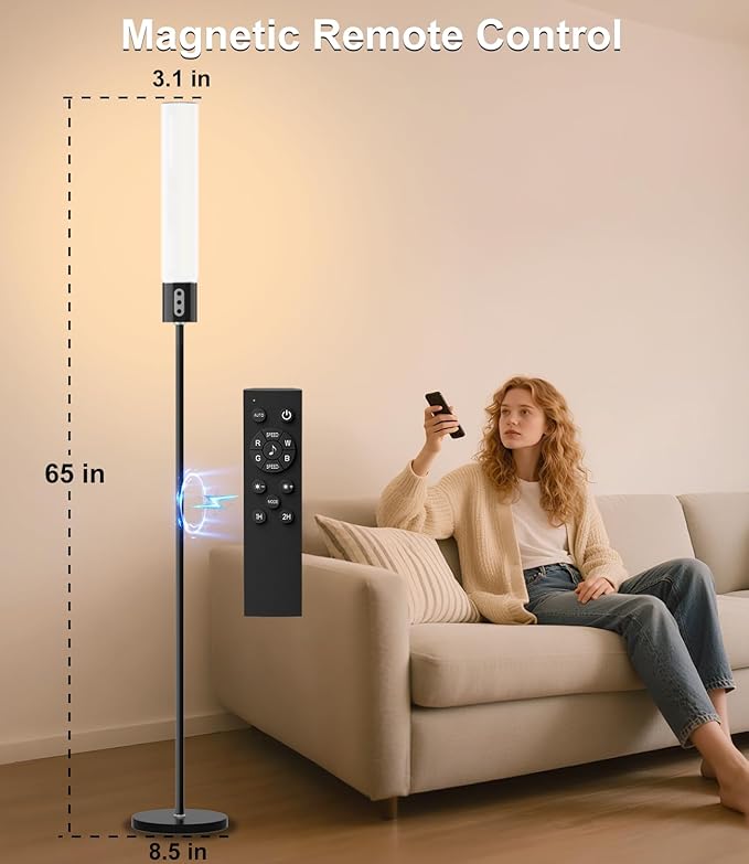 luckystyle RGBICW Floor Lamp, 1500Lumen Smart Floor Lamps with Music Sync and 16 Million DIY Colors,Dimmable Modern Floor Lamps with Remote and Bluetooth APP Control LED Lamp for Bedroom Living Room