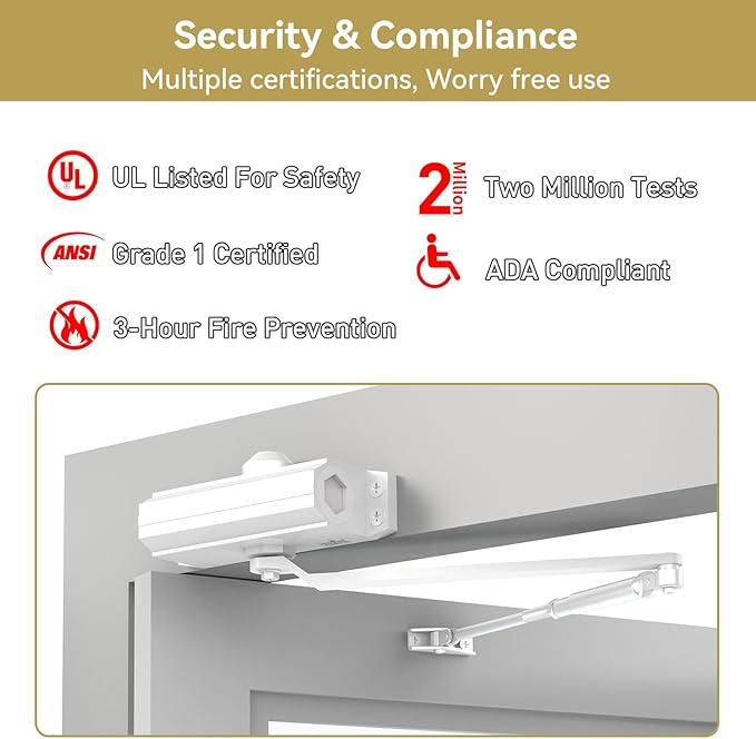 Automatic Door Closer Heavy Duty Fire Prevention Spring Hydraulic Aluminum Alloy Surface Mounted Residential Commerical Door Closer (White, Size2-Door Weights 99-187 Lbs)