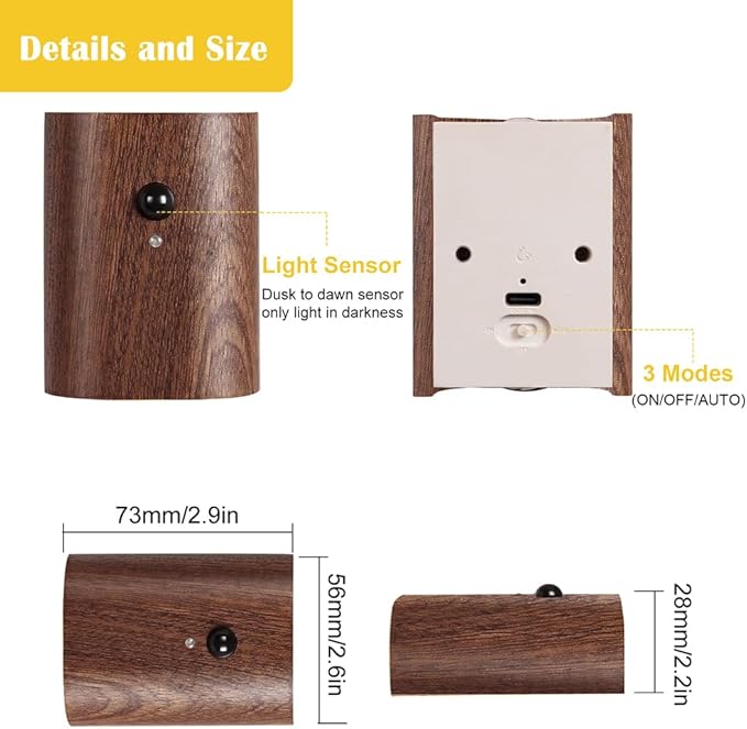 LANDGOO 2-Pack Wood Step Light with Motion Sensor, Rechargeable Stair Night Light Set, Sapele Wood 2700K Warm White LED Wall Lamps, Easy No-Wire Installation for Hallway Bedroom Staircase