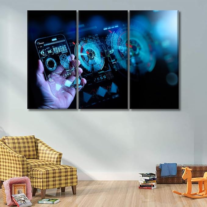 LSIUHWUWI Bedroom Wall Decor 3 Panel Wireless Mobile Internet Technology 5G LTE Data Connection Print on Canvas Artwork for Living Room Bedrooms Wall Decorations Ready to Hang, 20x40inchx3
