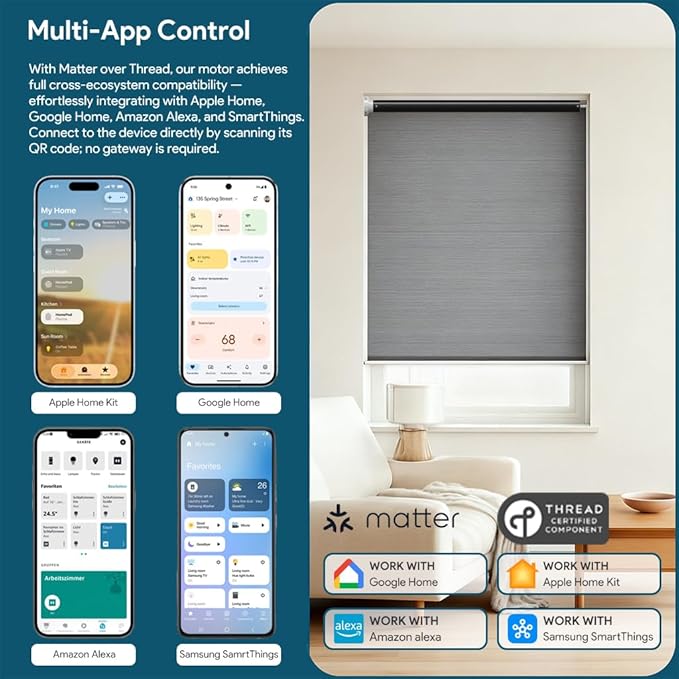 Matter Over Thread Smart Roller Shade Motor with Solar Panel, 3200mAh Rechargeable Electric Blind Motor for 1.5" Tube, DIY Retrofit Kit Compatible with HomeKit Alexa Google Home (1.3 N.m Torque)