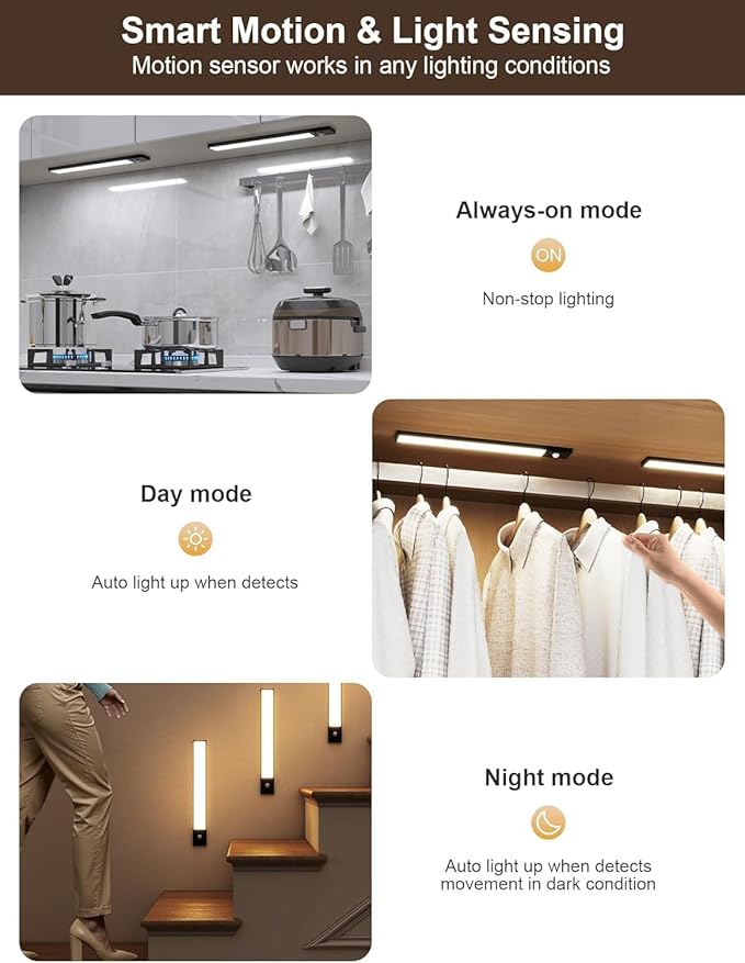 5Pack Under Cabinet Lighting, 3000mAh Rechargeable Motion Sensor Light Indoor, 8inch Magnetic Closet Lights with Dimmable & 3 Color Temps, Wireless Motion Activated Under Counter Lights for Kitchen