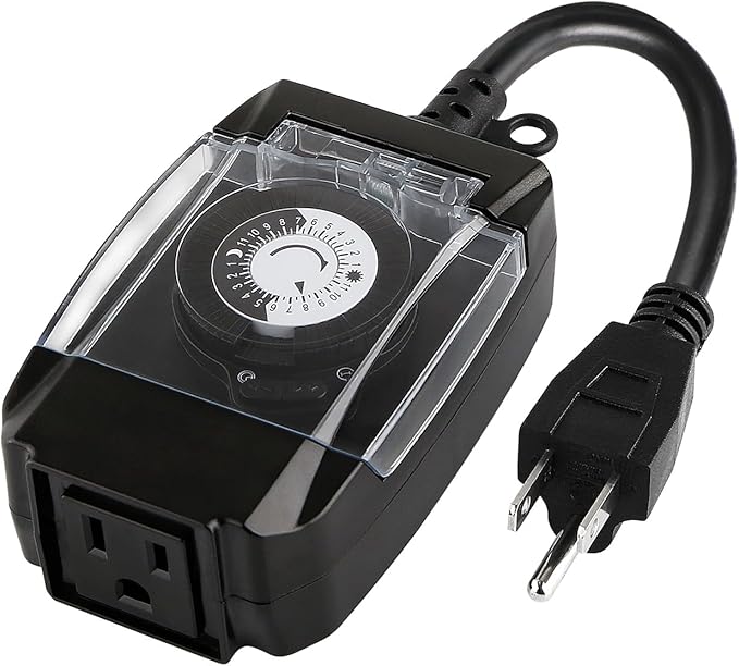 Outdoor Timer Outlet Waterproof, 24 Hour Mechanical Timer Outlet for Home and Garden, Single Grounded, 15A 3/4HP, Black, 1 Pack