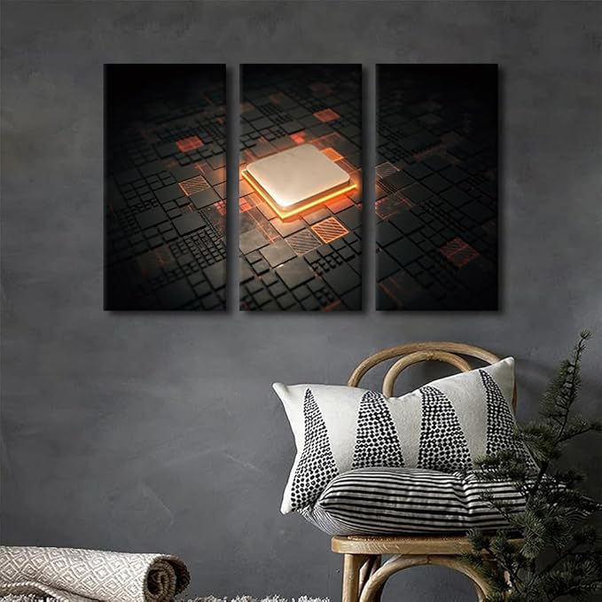 3 Piece Wall Art Computer Processors CPU Motherboard Digital Chip Poster Canvas Wall Art Artwork Wall Decor Living Room Chip Pictures Wall Decor for Bedroom Prints Framed Ready to Hang (24"Wx36"H)