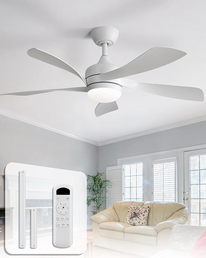 Sofucor 45 Inch Ceiling Fan with Lights and Remote, Indoor/Outdoor Ceiling Fan with Light 6-Speed 3 CCT 3-Timer, Low Profile White Ceiling Fan 5 Blade Quiet DC Motor for Bedroom Living Room Patio