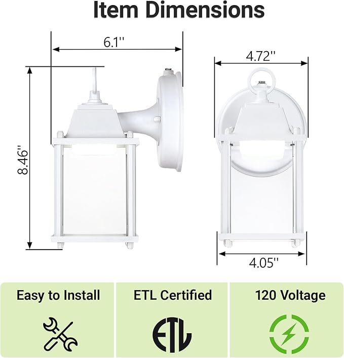 LIT-PaTH Dusk to Dawn Outdoor Wall Lantern, LED Wall Sconce, 5000K Daylight White, 9.5W, 800 Lumen, Aluminum Housing Plus Glass, Outdoor Rated, 2-Pack, White